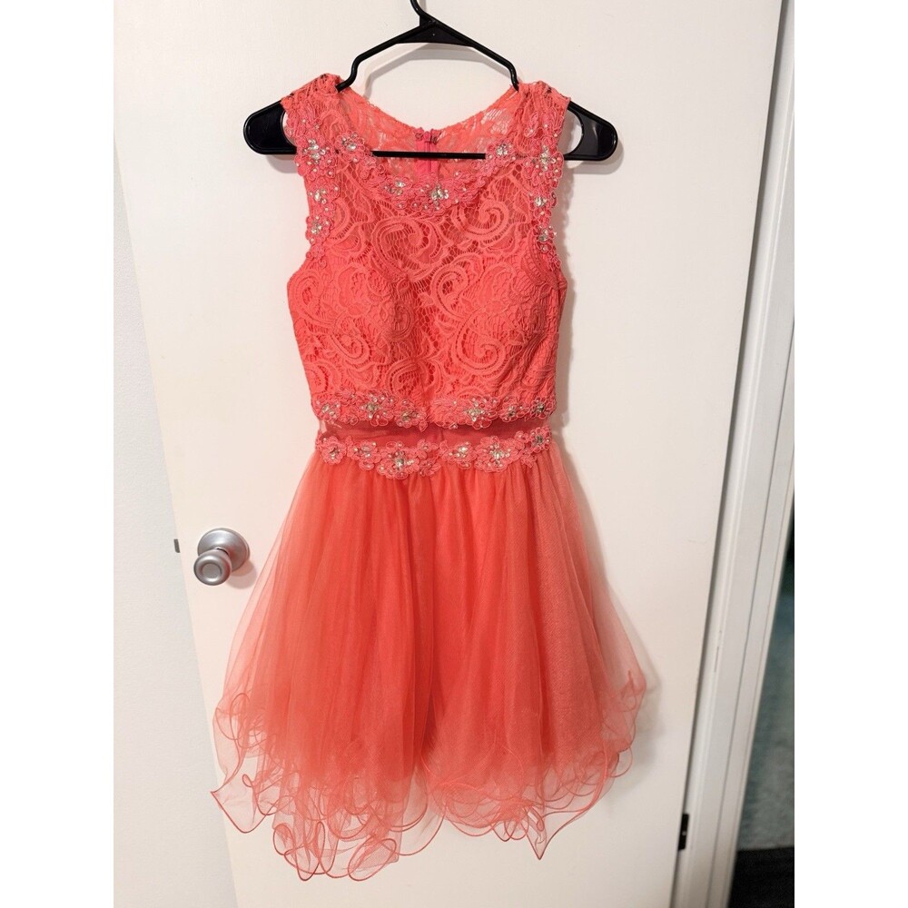 Dancing Queen Coral Pink Lace Tulle Homecoming Prom Dress Rhinestones  Sz -Small